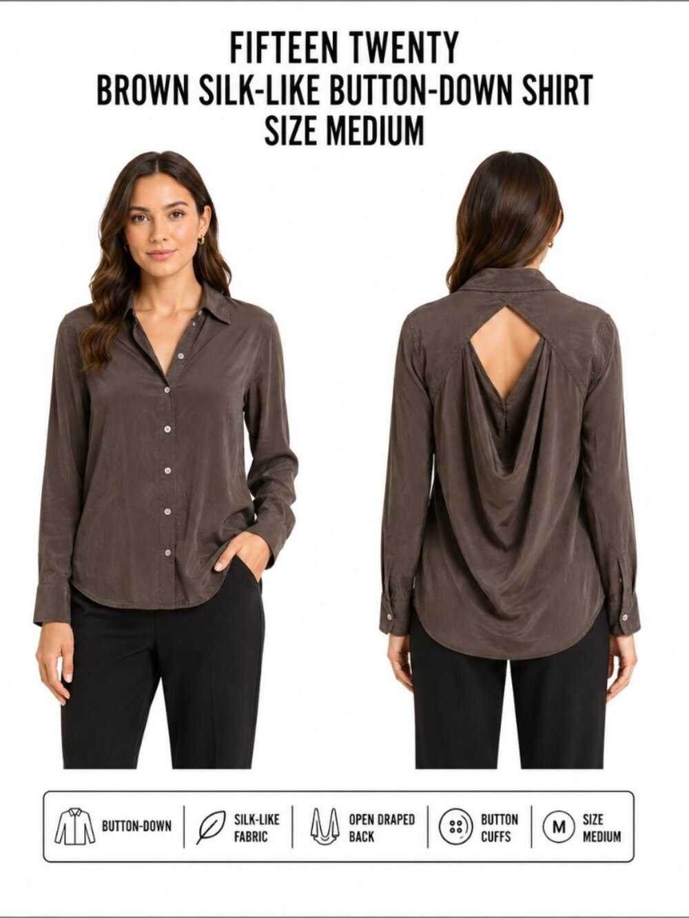 FIFTEEN TWENTY BROWN SILK-LIKE DRAPE BACK BUTTON-DOWN BLOUSE SIZE M